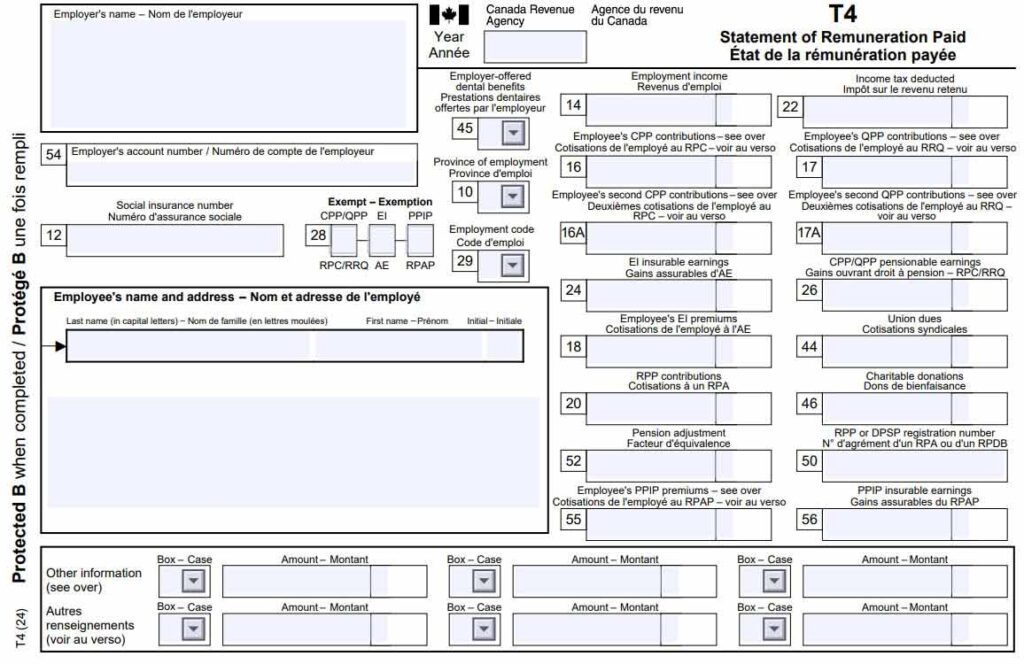 T4 slip for 2024 in Canada displayed on a screen, highlighting key boxes and deductions, shared by a Canadian tax accountant for educational purposes.