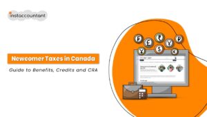 Newcomer family reviewing Canadian tax benefits like the GST/HST credit, Canada Carbon Rebate, and Child Benefit on a laptop at home.