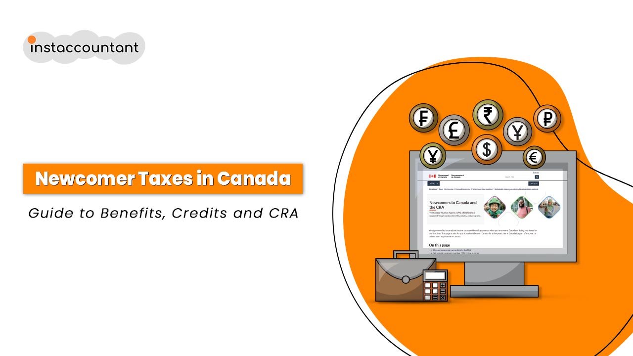 Blog 101 Newcomer family reviewing Canadian tax benefits like the GST/HST credit, Canada Carbon Rebate, and Child Benefit on a laptop at home.