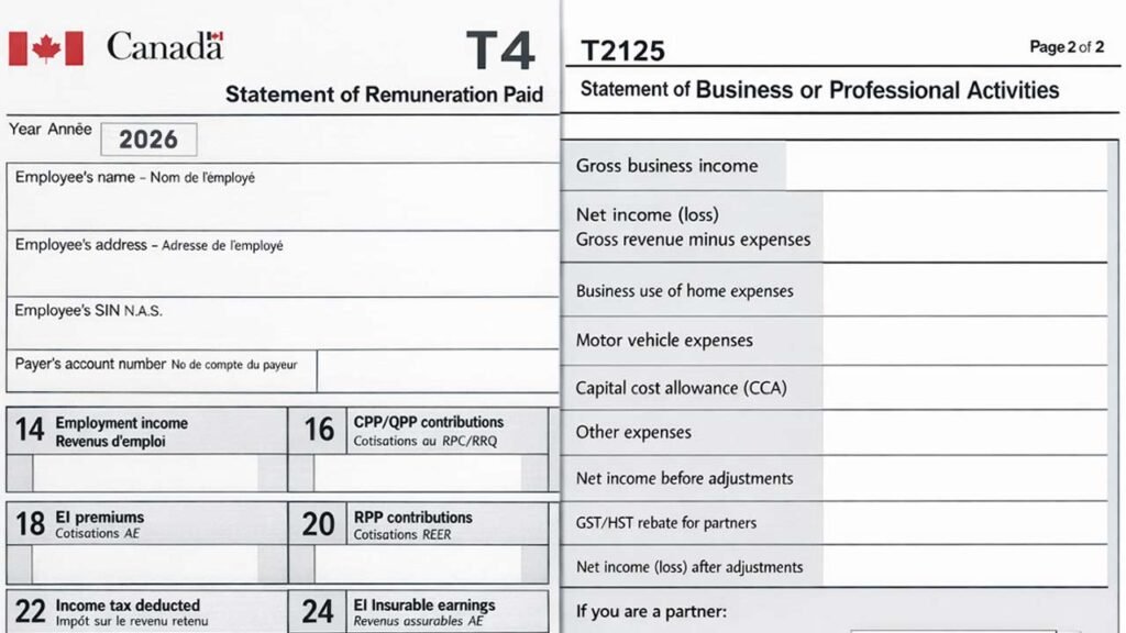 "Illustration showing how Uber driver in Canada file taxes with both a T4 employment slip and a T2125 self‑employment form under CRA rules."