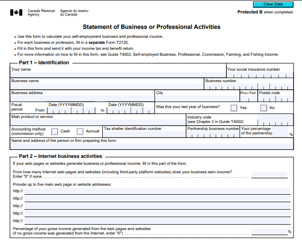 T2125 Statement of Business or Professional Activities