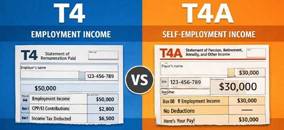 Comparison of T4A vs T4 slips for Canadian Instacart drivers, showing difference between self‑employment income and employment income reporting.