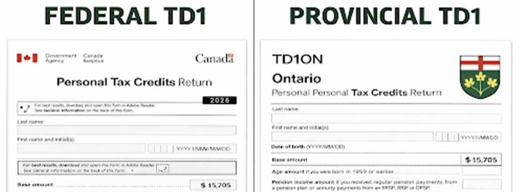 “Difference between federal TD1 and provincial TD1 forms Canada payroll deductions”