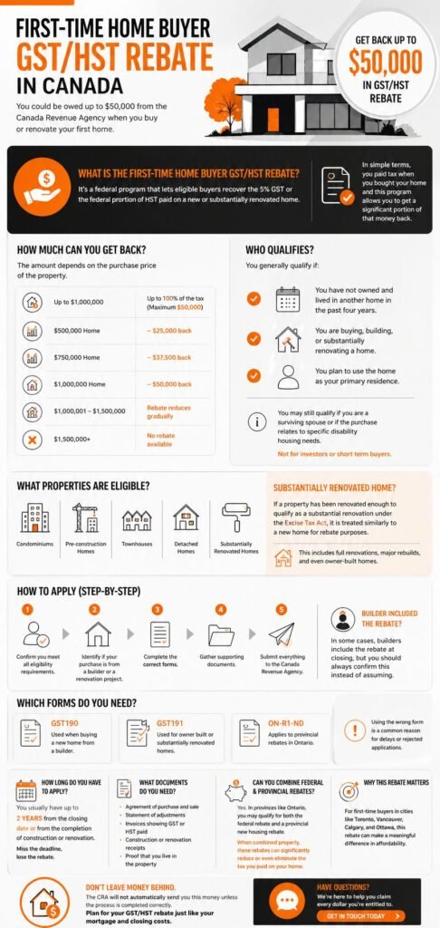 GST HST rebate Canada infographic first time home buyer refund up to $50,000