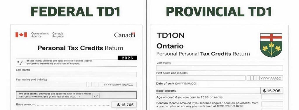 “Difference between federal TD1 form and provincial TD1 forms Canada payroll deductions”