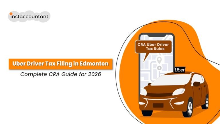 Uber driver in Edmonton filing taxes under CRA rules, tracking mileage, expenses, GST/HST and self‑employed income in Canada"