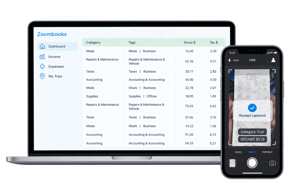 Zoombooks bookkeeping and expense tracker app for tracking GST/HST input tax credits and business expenses in Canada.