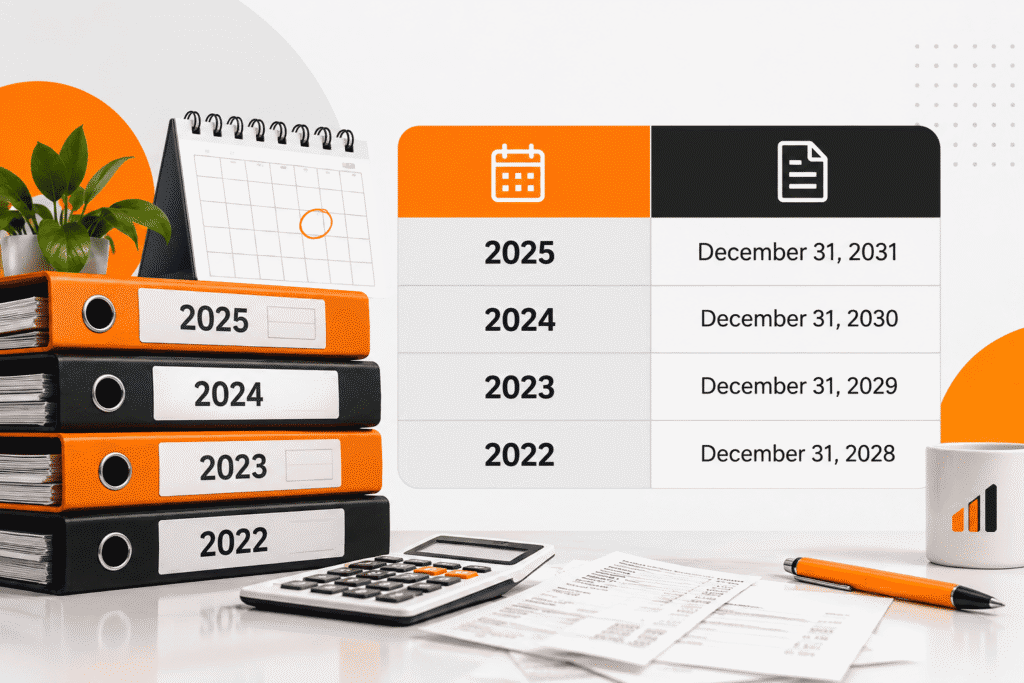 CRA record retention guide for incorporated contractors in Canada showing how long to keep tax records, receipts and corporate bookkeeping documents.