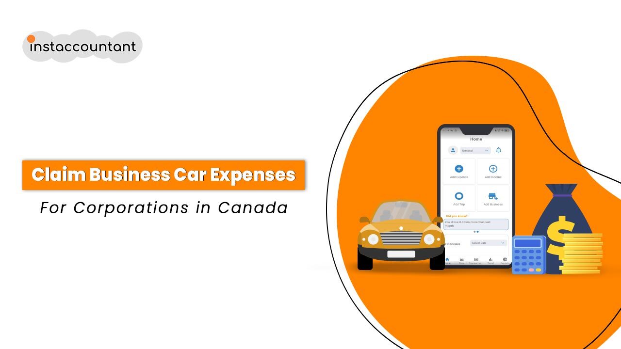 How-to-Claim-Business-Car-Expenses-For-Corporations-in-Canada-Instaccountant Corporate vehicle on road with business-related documents and calculator, illustrating how Canadian corporations can track and claim car expenses for tax deductions under CRA rules in 2025.