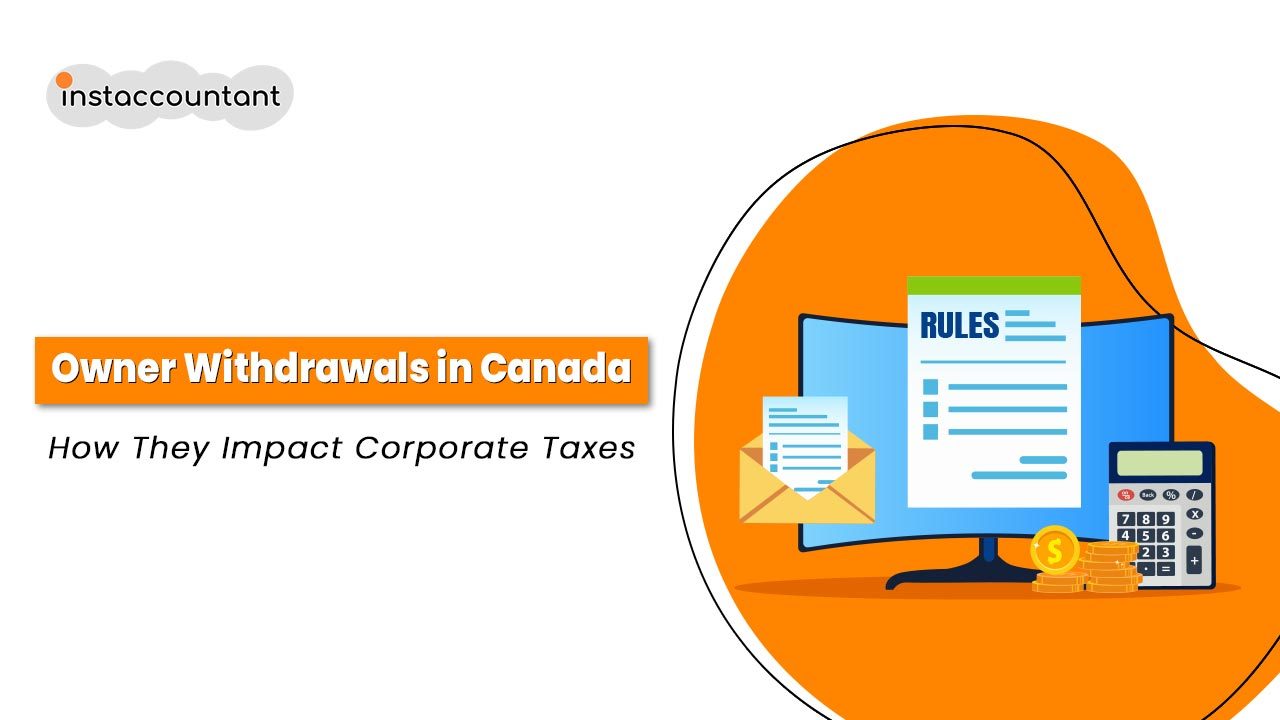 A visual representation explaining how owner withdrawals from a corporation in Canada affect corporate taxes. It includes sections on different withdrawal methods such as salaries, dividends, shareholder loans, and personal expenses. Arrows and icons illustrate tax implications, CRA rules, and the difference between business and personal income taxation. The infographic emphasizes compliance, record-keeping, and potential penalties for improper withdrawals.