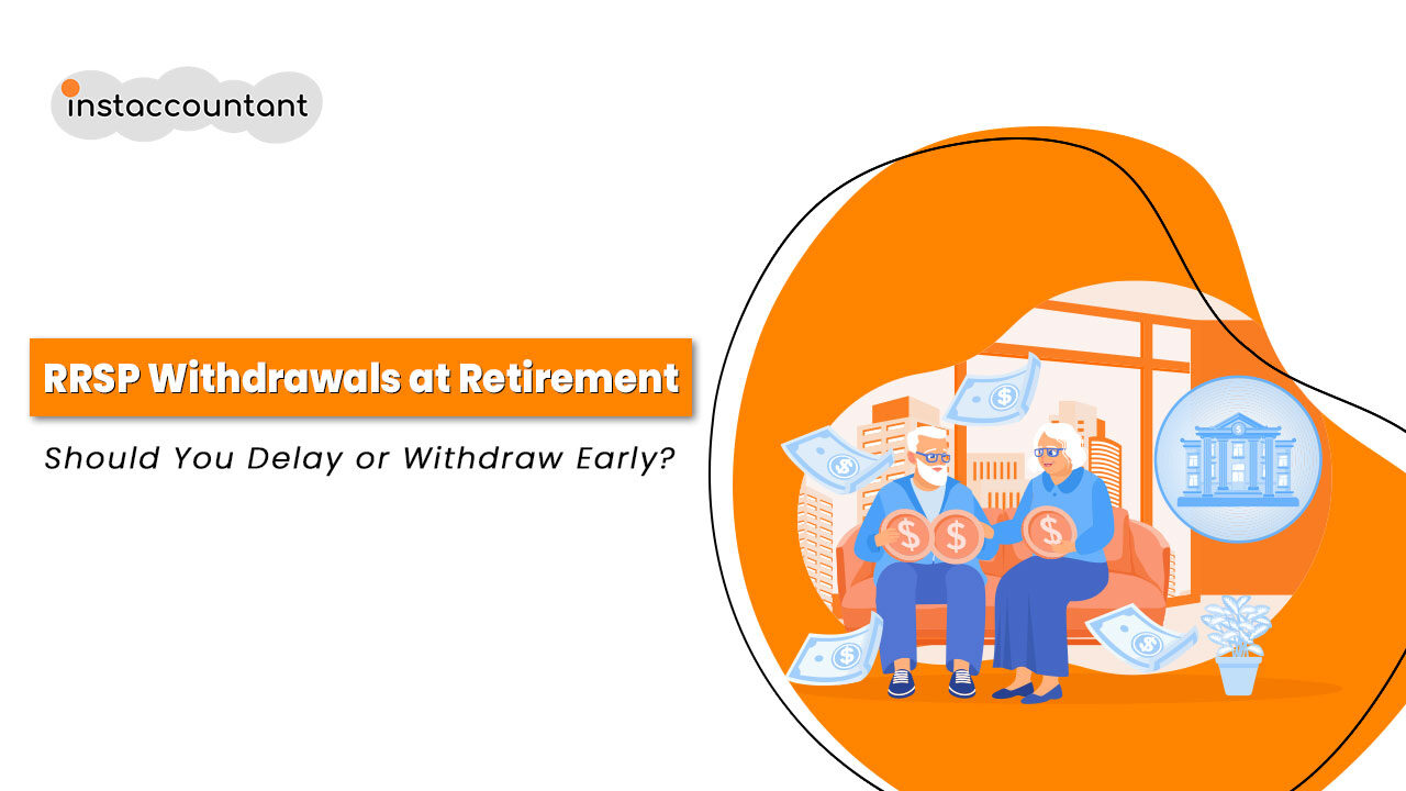 RRSP-Withdrawals-at-Retirement-To-Delay-or-Not-to-Delay-Instaccountant An infographic illustrating the decision-making process for RRSP withdrawals at retirement, highlighting factors to consider, timing options, and the impact of delaying withdrawals on retirement income.